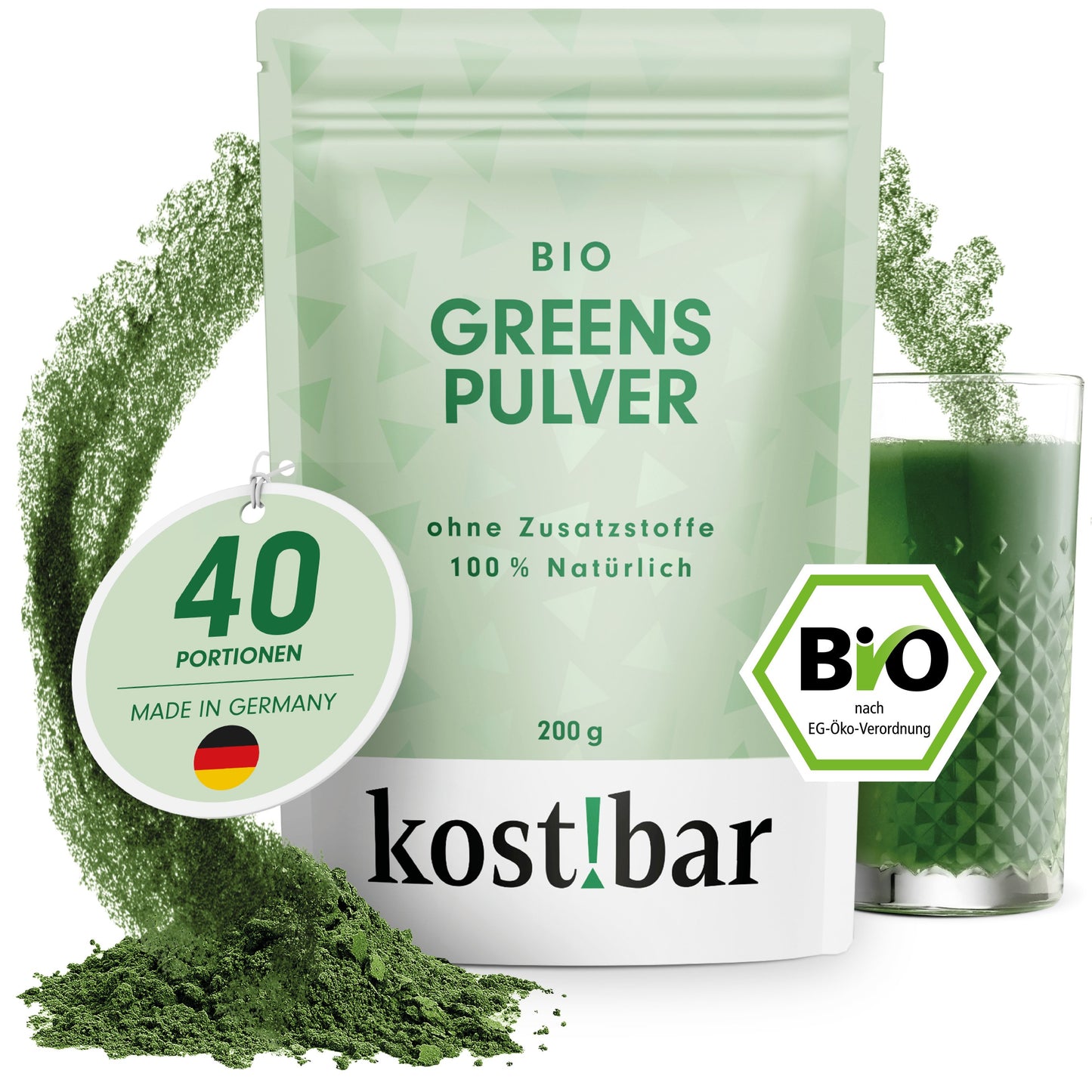 kost!bar BIO Greens Pulver [40 Portionen] ohne Aromen und Zusatzstoffe - 5 hochwertige Grassaftpulver aus Gerstengras, Weizengras, Alfalfa, Kamut Khorasan, Hafergras - Smoothie Pulver - Superfood