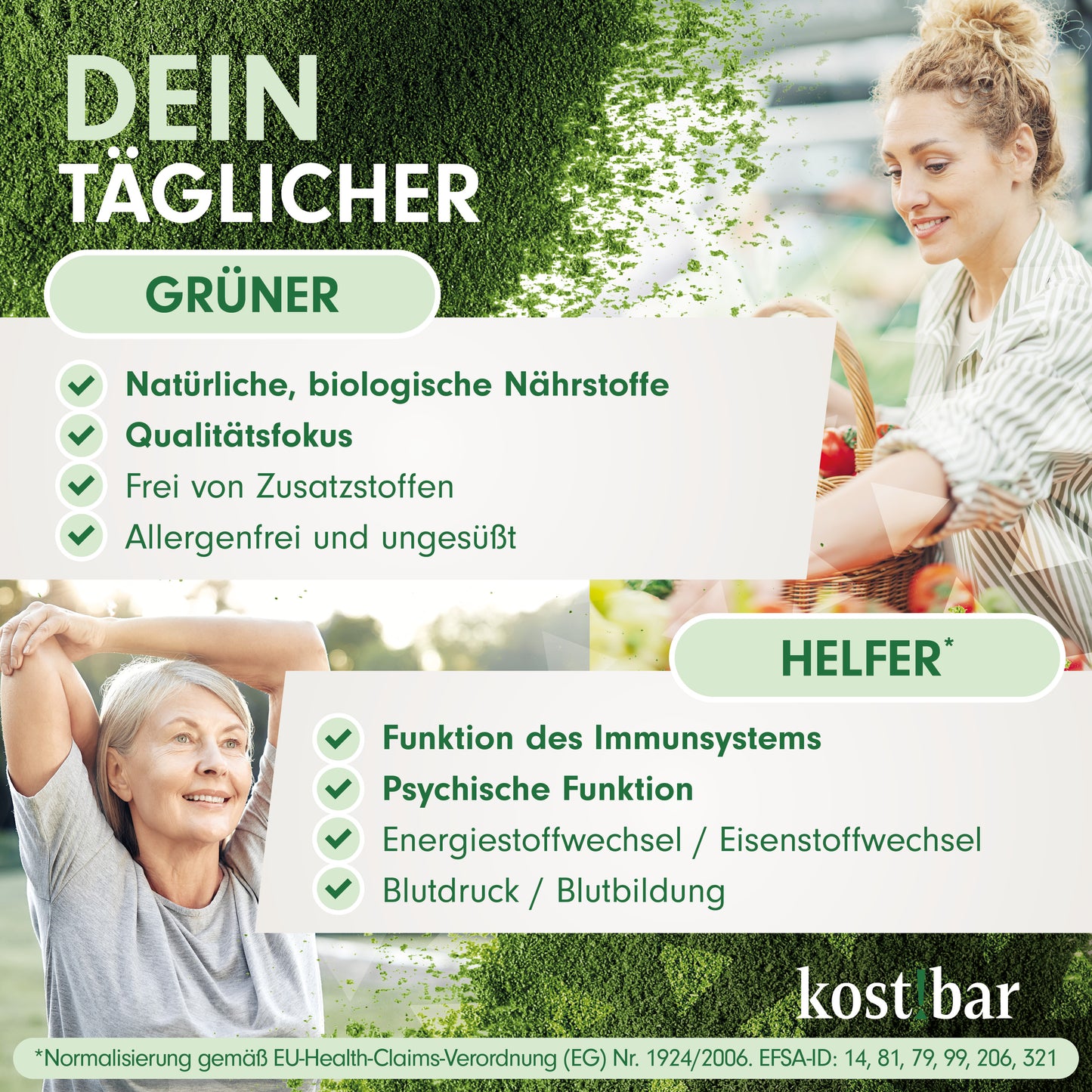 kost!bar BIO Greens Pulver [40 Portionen] ohne Aromen und Zusatzstoffe - 5 hochwertige Grassaftpulver aus Gerstengras, Weizengras, Alfalfa, Kamut Khorasan, Hafergras - Smoothie Pulver - Superfood