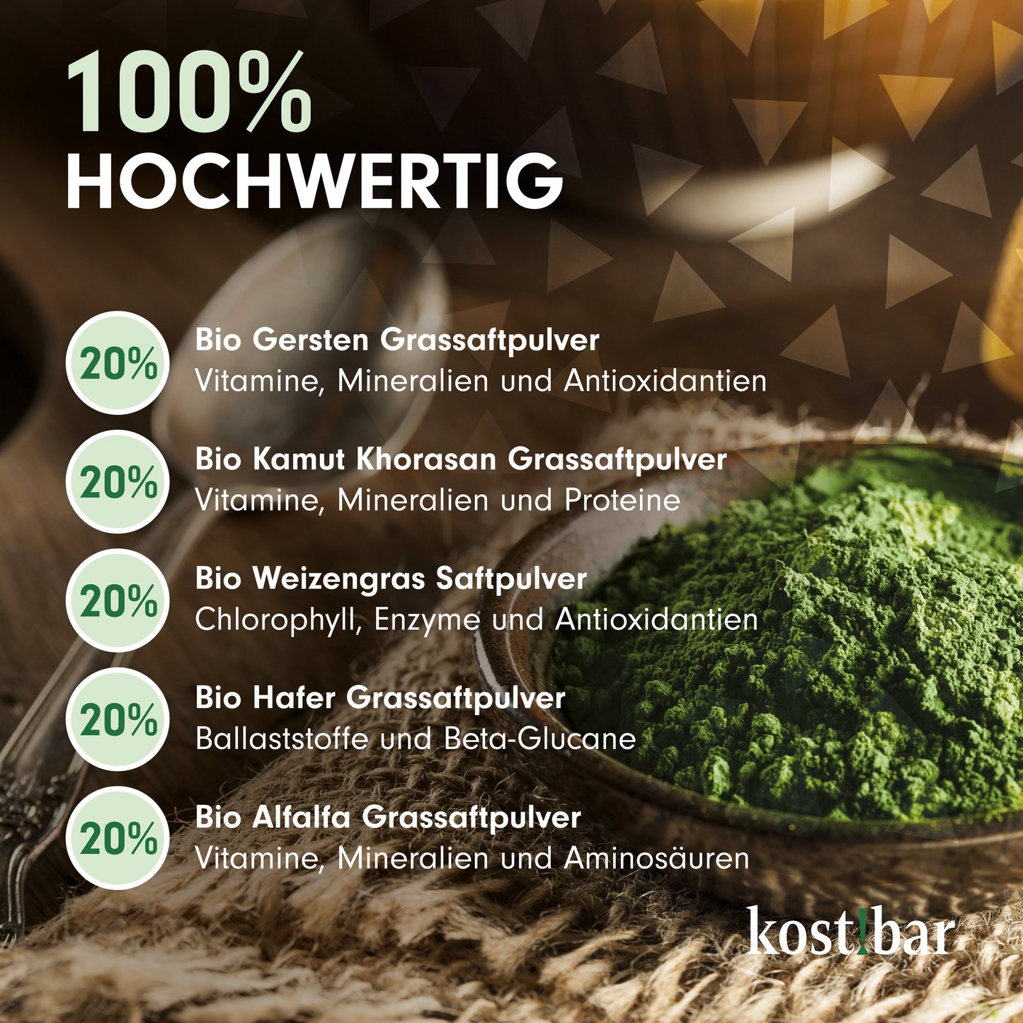 kost!bar BIO Greens Pulver [40 Portionen] ohne Aromen und Zusatzstoffe - 5 hochwertige Grassaftpulver aus Gerstengras, Weizengras, Alfalfa, Kamut Khorasan, Hafergras - Smoothie Pulver - Superfood