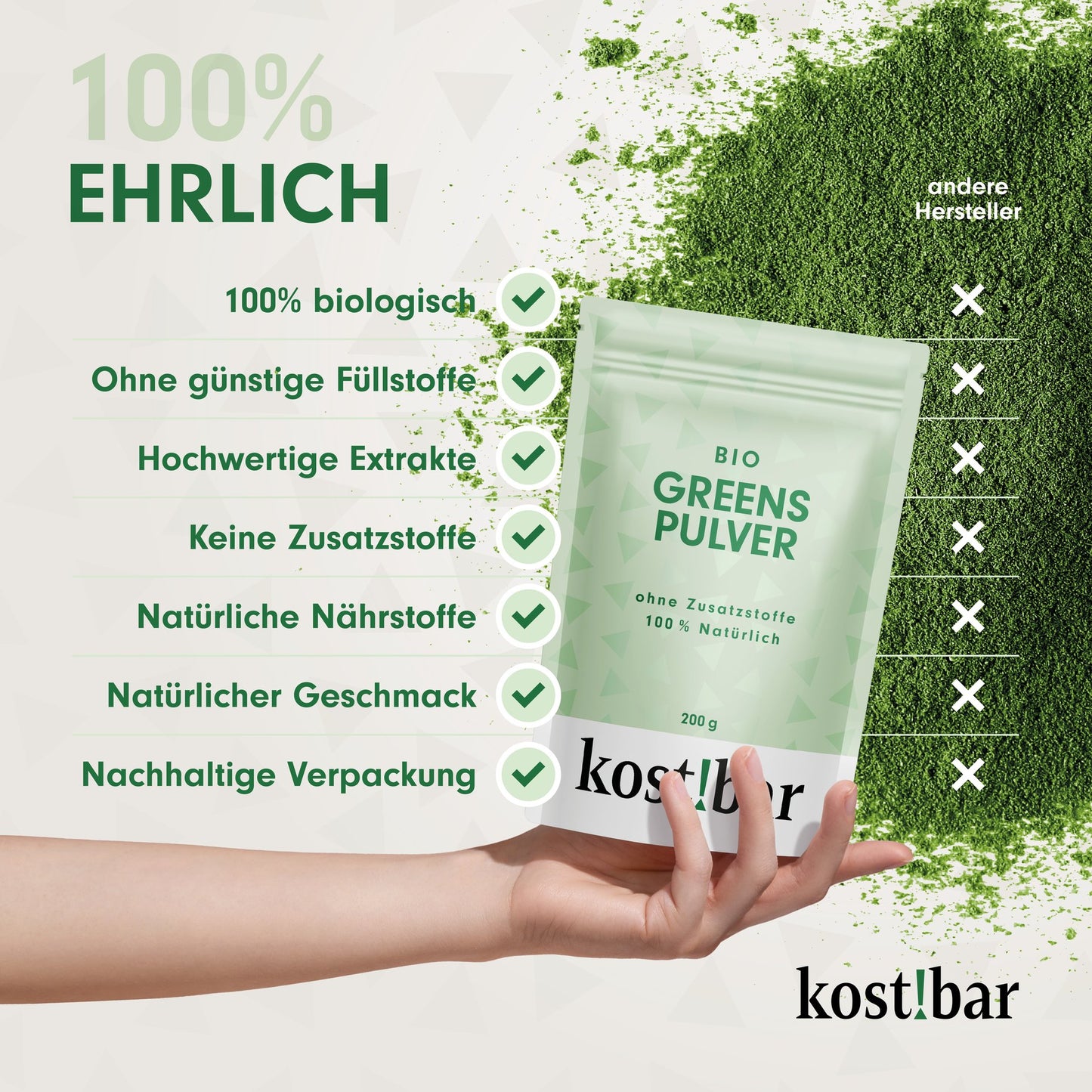 kost!bar BIO Greens Pulver [40 Portionen] ohne Aromen und Zusatzstoffe - 5 hochwertige Grassaftpulver aus Gerstengras, Weizengras, Alfalfa, Kamut Khorasan, Hafergras - Smoothie Pulver - Superfood