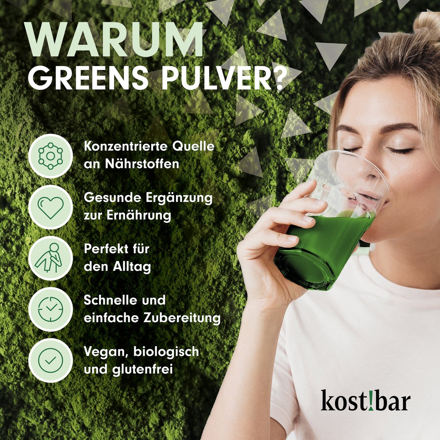 kost!bar BIO Greens Pulver [40 Portionen] ohne Aromen und Zusatzstoffe - 5 hochwertige Grassaftpulver aus Gerstengras, Weizengras, Alfalfa, Kamut Khorasan, Hafergras - Smoothie Pulver - Superfood