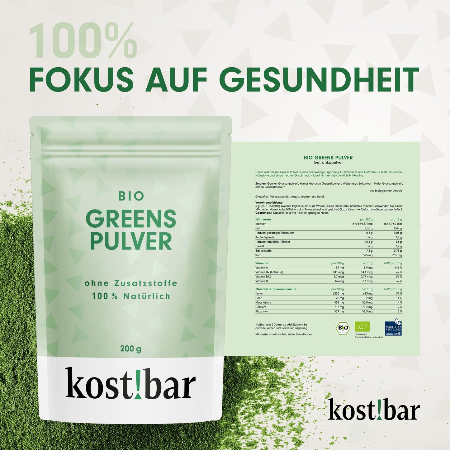 kost!bar BIO Greens Pulver [40 Portionen] ohne Aromen und Zusatzstoffe - 5 hochwertige Grassaftpulver aus Gerstengras, Weizengras, Alfalfa, Kamut Khorasan, Hafergras - Smoothie Pulver - Superfood