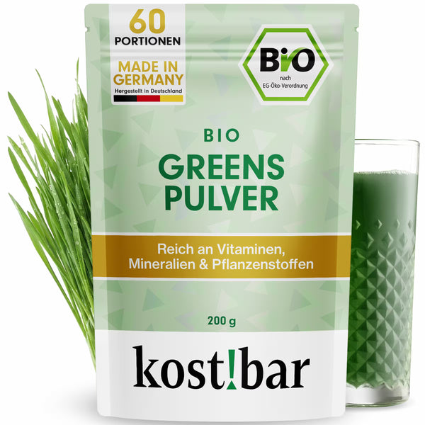 Bio Greens Pulver aus 5 33:1 Grassaft-Extrakten mit Gerstengras, Weizengras, Alfalfa, Kamut und Hafergras als hochkonzentriertes Nährstoffpulver im 60 Portionen Beutel.