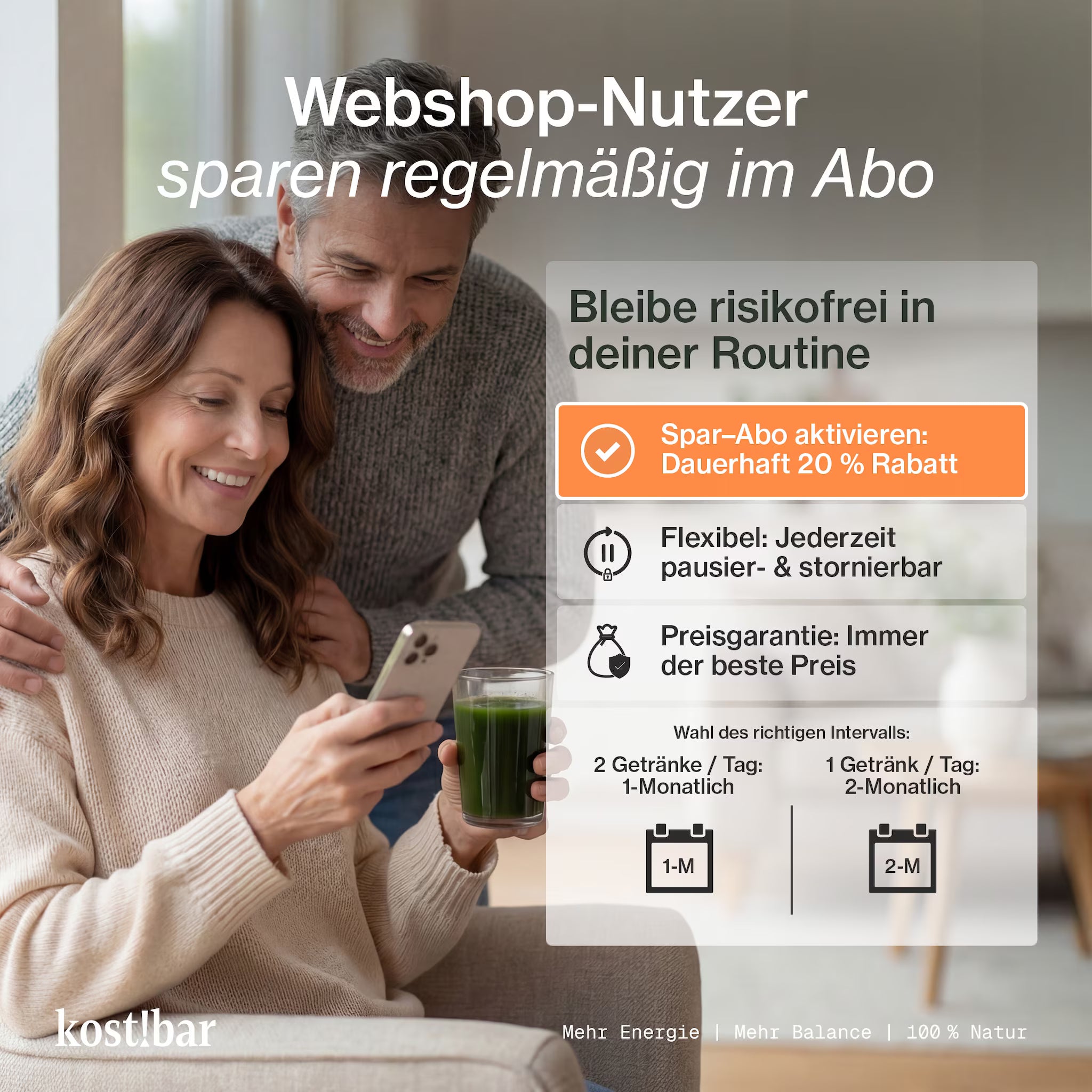 Vorteile kost!bar Bio Greens im Abo. Intervall frei wählbar. Jederzeit pausierbar und stornierbar.