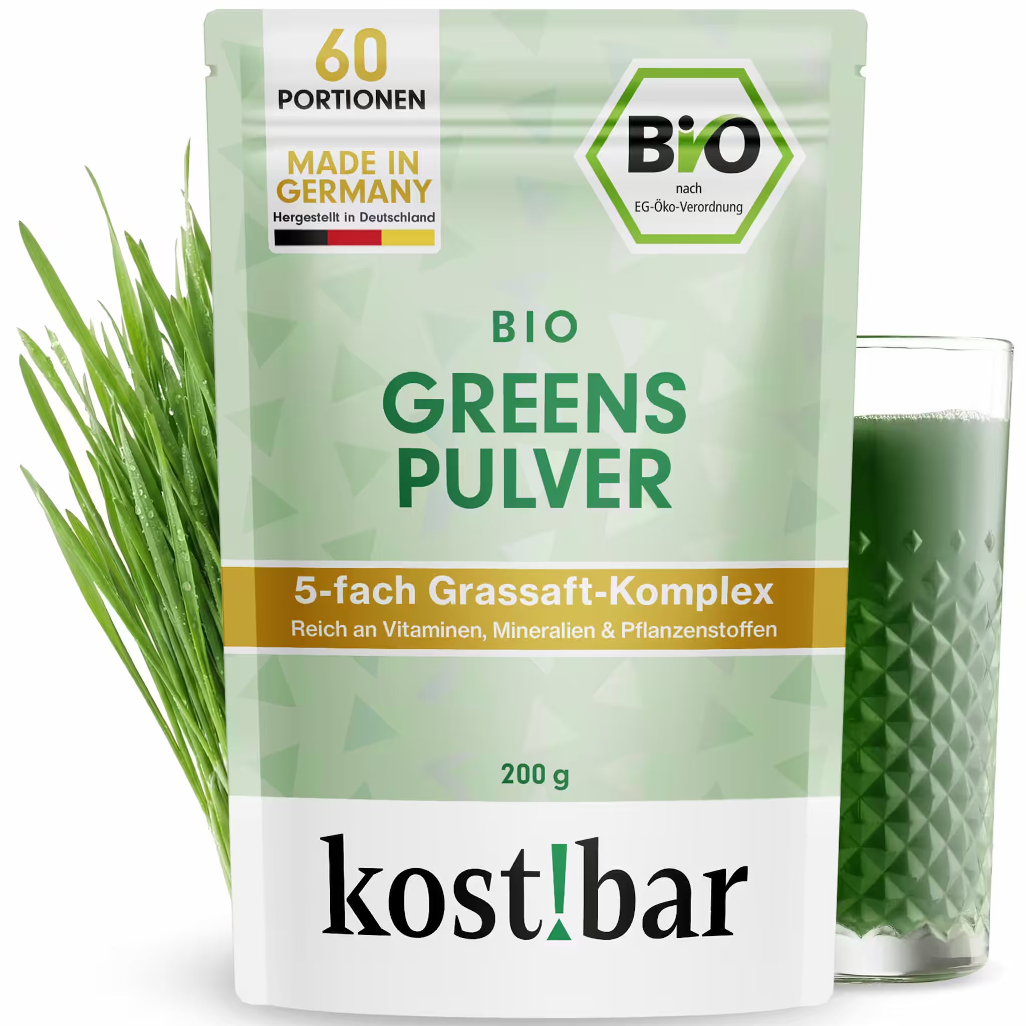 kost!bar Bio Greens Pulver Verpackung - 60 Portionen - Bio Siegel - Grüner Helfer Konzentrat - Energie - Stoffwechsel