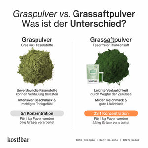 Vergleich Graspulver vs. Grassaftpulver- Grassaftpulver höher konzentriert & hochwertiger